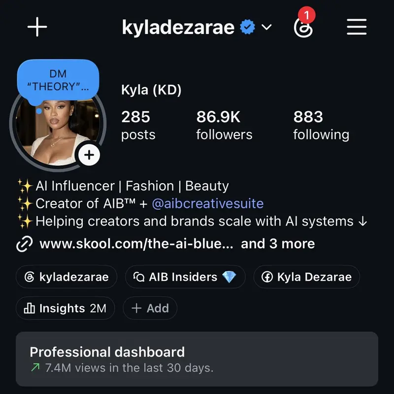 Instagram profile — 86.9K followers, 7.4M views in the last 30 days
